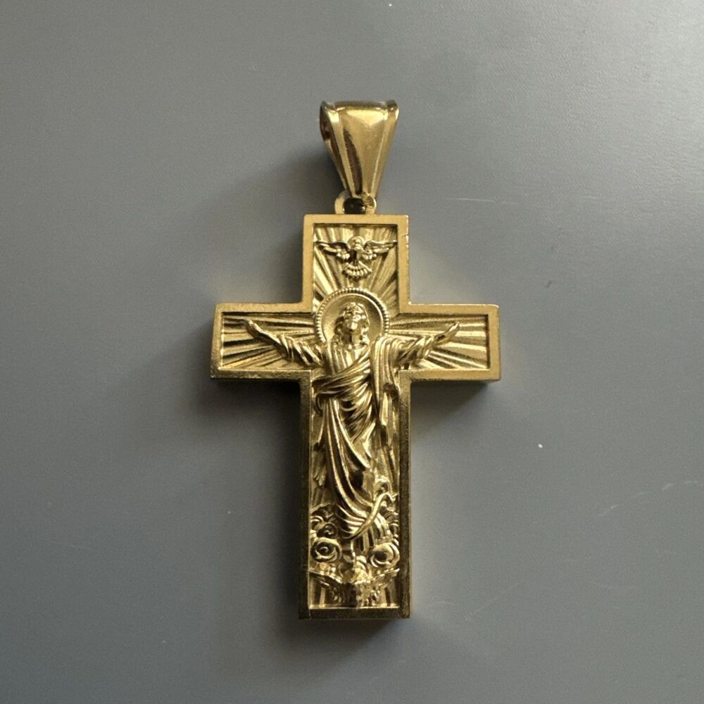 Gold Plated Cross Stainless Steel Saint Jesus Christ Crucifix Pendant 24” Chain